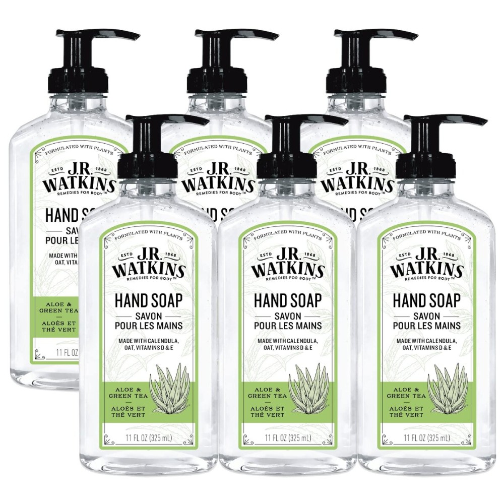 J.R. Watkins Gel Hand Soap, Scented Liquid Hand Wash for Bathroom or?Kitchen, USA Made and Cruelty Free, 11 fl oz, Aloe & Green Tea, 6 Pack
