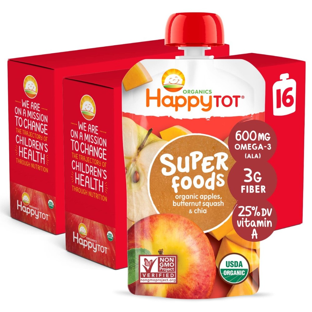 HAPPYTOT Organics Stage 4 Baby Food Pouches, Gluten Free, Vegan Snack, SuperFoods Fruit & Veggie Puree, Apples, Butternut Squash & Chia, 4.22 Ounce (Pack of 16)