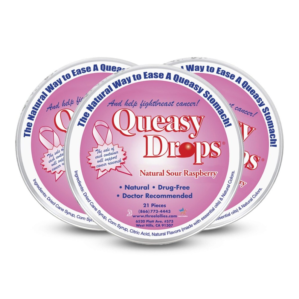 Three Lollies Queasy Drops - Sour Raspberry Flavor - Travel Sickness & Nausea Relief, Soothes Stomach & Dry Mouth, Natural Ingredients - 21ct (3-Pack)