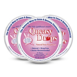 Three Lollies Queasy Drops - Sour Raspberry Flavor - Travel Sickness & Nausea Relief, Soothes Stomach & Dry Mouth, Natural Ingredients - 21ct (3-Pack)