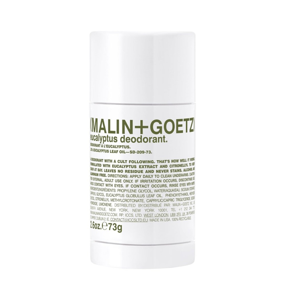 Malin + Goetz Eucalyptus Deodorant, natural effective odor & sweat defense, for all skin types, clear color, no residue/stains, free of aluminum, alcohol, baking soda, parabens, cruelty free 2.6 Fl Oz