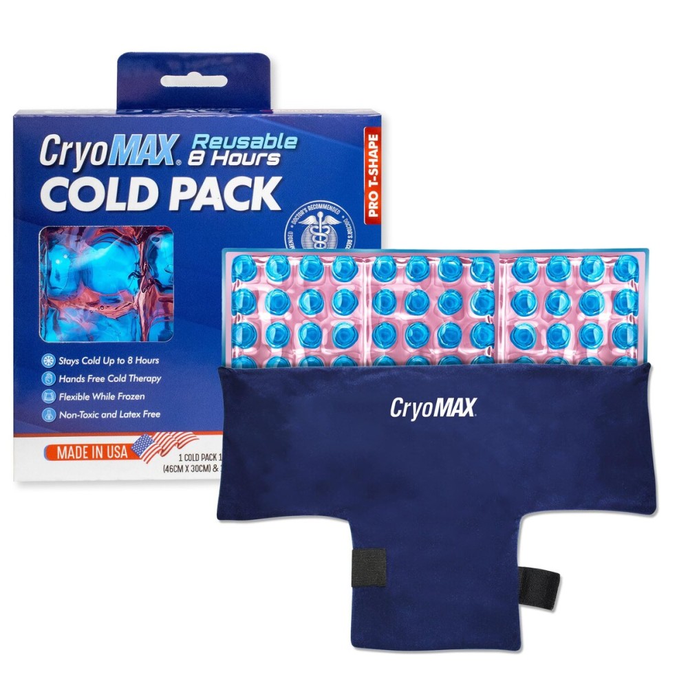 CryoMAX Reusable Cold Pack - 8-Hour Long-Lasting Cold Therapy Ice Pack, Adjustable Wearable Compress Straps, Best for Pain Relief, Injuries, Hip Surgery Swelling, and Migraines - T-Shape (1 Count)