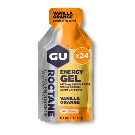 GU Energy Roctane Ultra Endurance Energy Gel, Vegan, Gluten-Free, Kosher, and Dairy-Free On-The-Go Sports Nutrition for Running, Biking, Hiking or Skiing, Vanilla Orange (24 Packets)