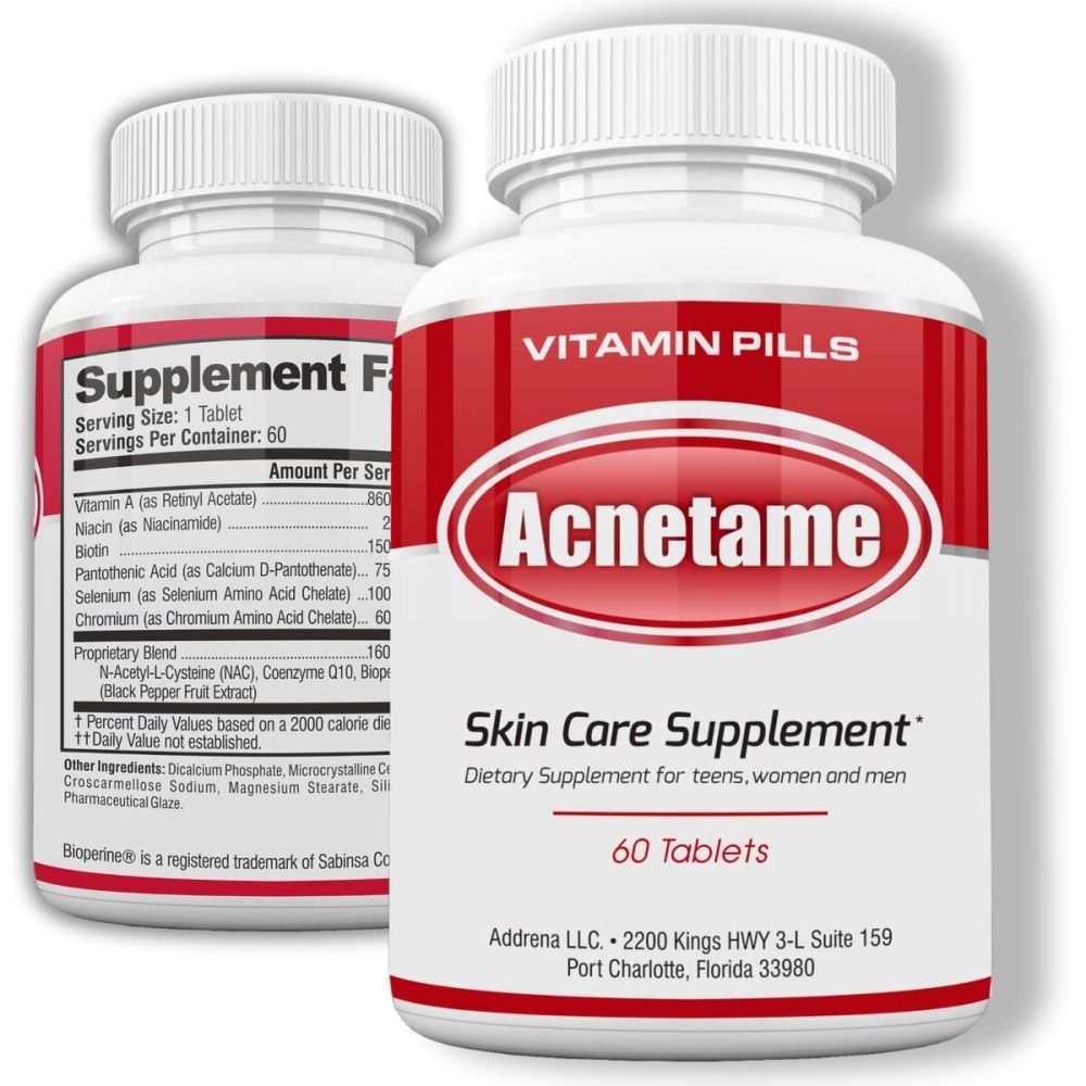 Acnetame Acne Pills- Vitamin Supplements for Acne Treatment- Natural Clear Skin from Hormonal Cystic Pimples- Oily Skin Vitamins Pill for Women, Teen, Men, & Adults 60 Tablets