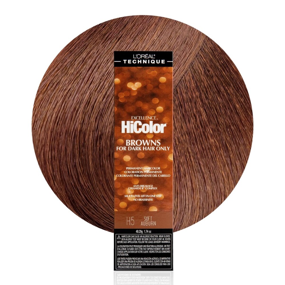 L\'OREAL TECHNIQUE HiColor Browns & Blondes Permanent Hair Color - Lifts Dark Hair in One Step Leaving No Brassiness, Rich and Smooth Creme Formula, Intense & Long-Lasting, H5 Soft Auburn