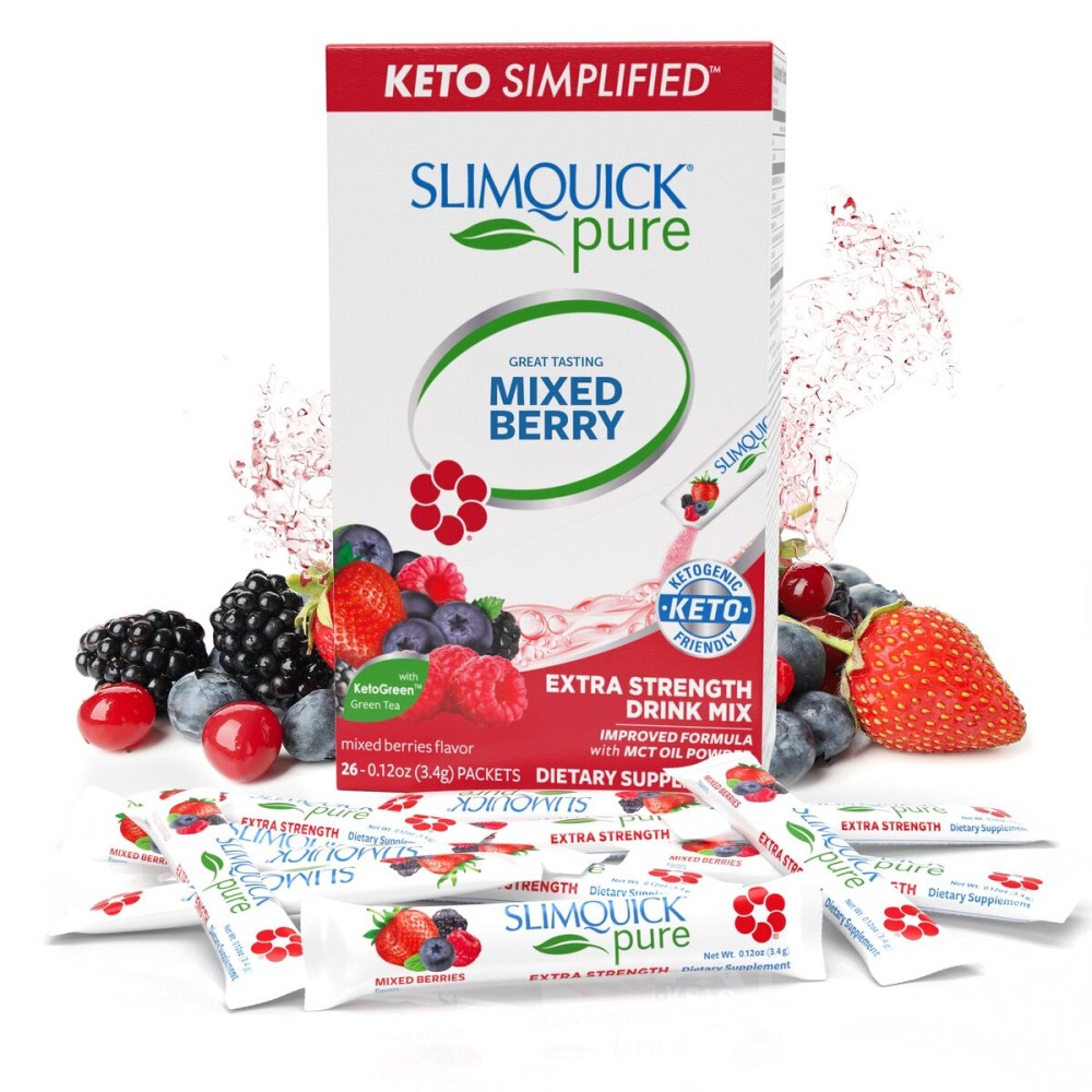 Slimquick Pure 3x Extra Strength Mixed Berry Drink Mix for Women to Help Achieve Weight Goals, Helps Metabolism, Keeps Full for Longer with Green Tea, Caffeine, Chaste Tree, Rhodiola Extract, 26 Count