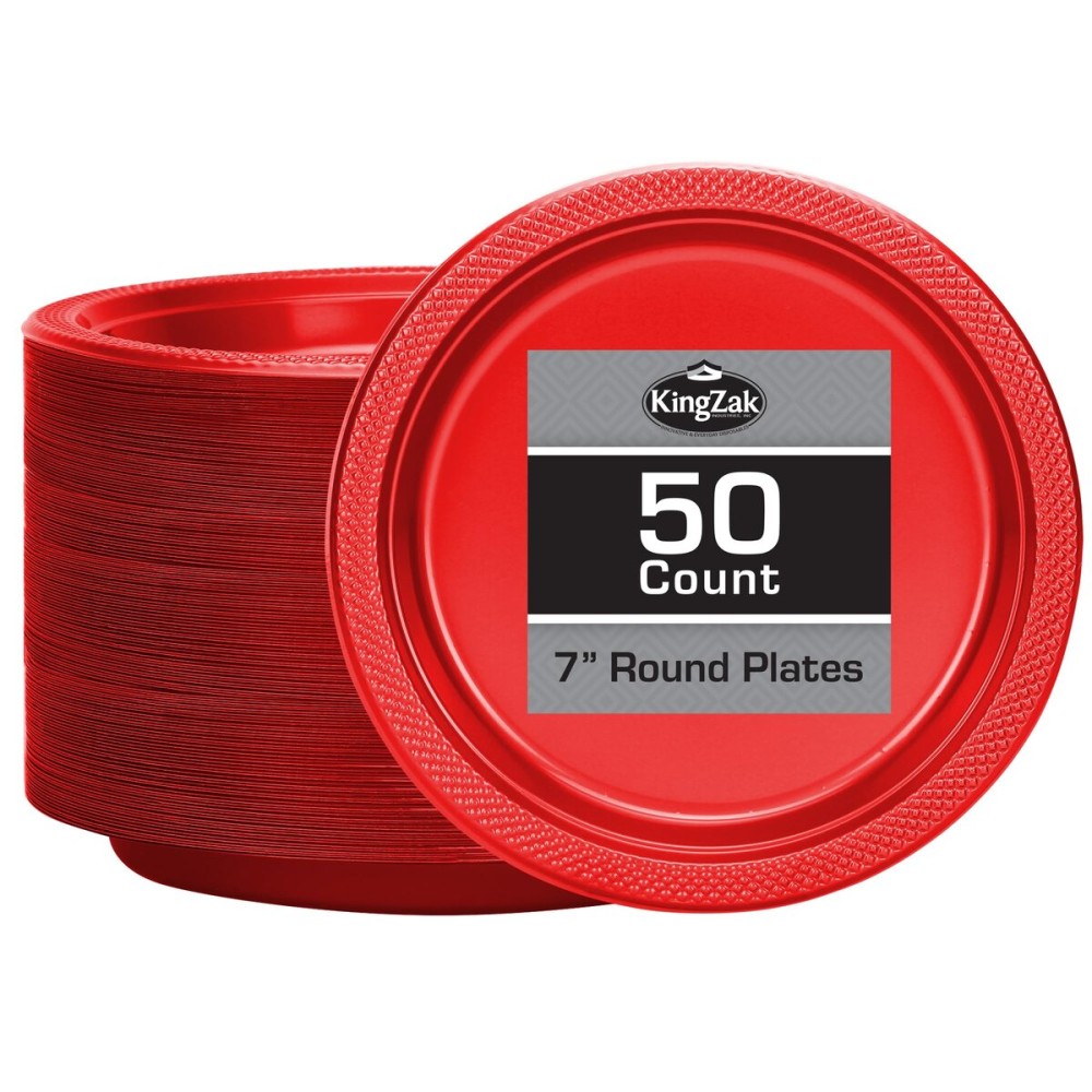 Hanna K. Signature Red Plastic Party Plates, 7-Inch Heavy Duty Disposable Plates, 50 Count, Party Supplies for Appetizers, Cake & Dessert