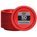 Hanna K. Signature Red Plastic Party Plates, 7-Inch Heavy Duty Disposable Plates, 50 Count, Party Supplies for Appetizers, Cake & Dessert