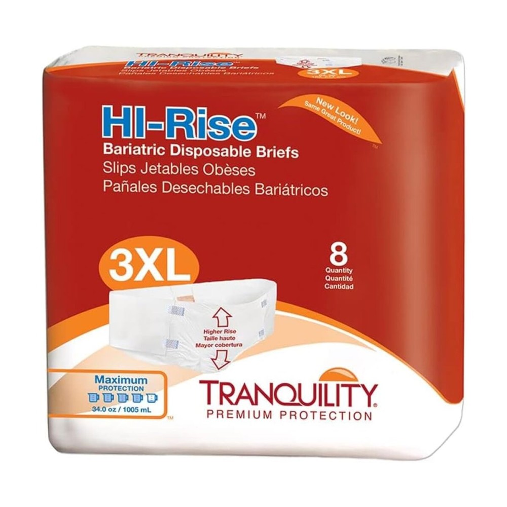 Tranquility Bariatric HI-Rise Disposable Briefs, 3X-Large, High Waistline with Peach Mat Core & Secure Kufguard Technology for Skin Integrity, Latex-Free, 34oz Capacity, 8ct Bag