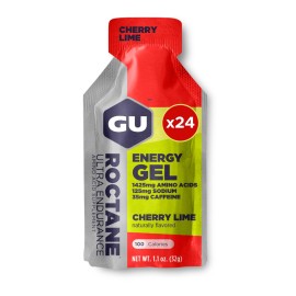 GU Energy Roctane Ultra Endurance Energy Gel, Vegan, Gluten-Free, Kosher, and Dairy-Free On-The-Go Sports Nutrition for Running, Biking, Hiking or Skiing, 24-Count, Cherry Lime