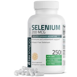 Bronson Selenium 200 mcg - Yeast Free Chelated Amino Acid Complex - Essential Trace Mineral with Superior Absorption, 250 Vegetarian Capsules