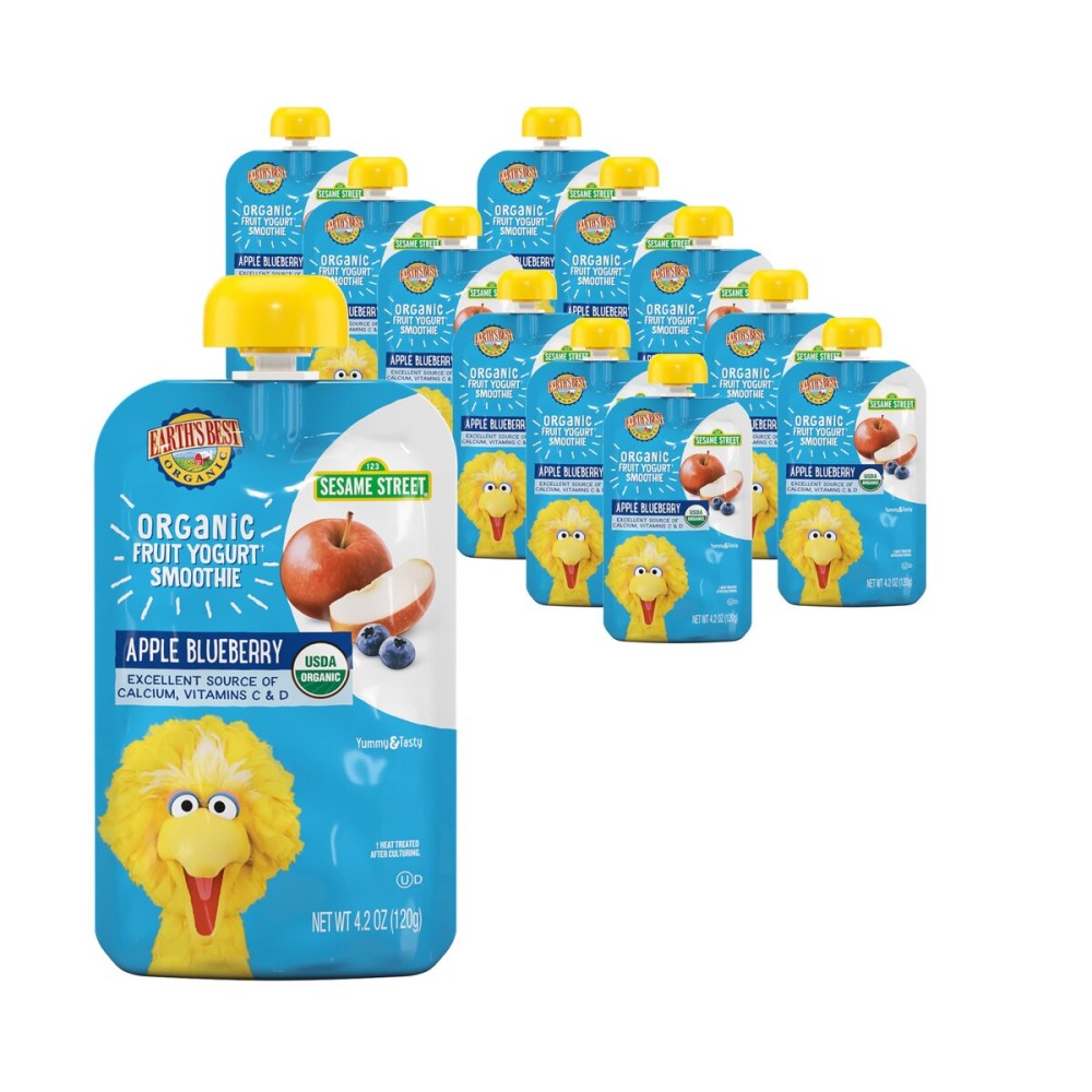 Earth\'s Best Organic Yogurt Smoothie Pouches, 24+ Months, Fruit Yogurt Smoothie for Toddlers 24 Months and Up, Apple Blueberry, 4.2 Ounce Resealable Pouch (Pack of 12)