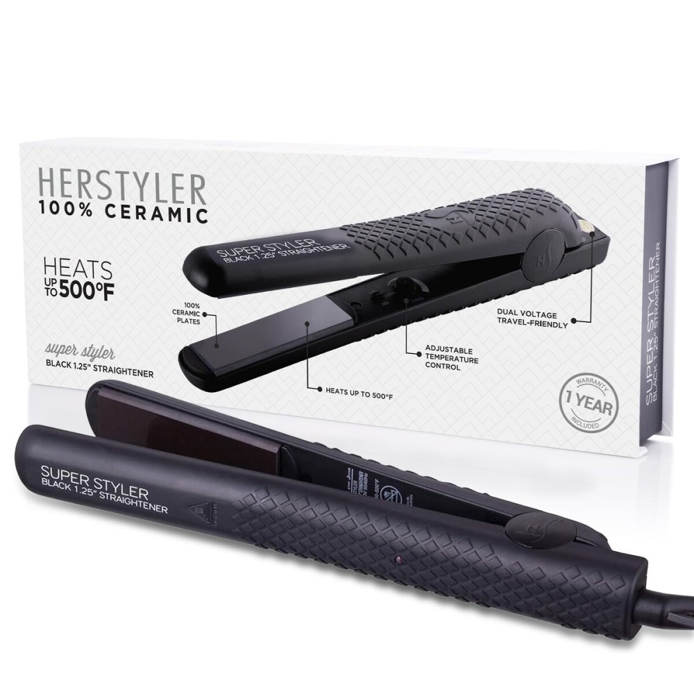 Herstyler Superstyler Onyx Ceramic Flat Iron - Ceramic Hair Straightener with Adjustable Temperature - Travel-Friendly Dual Voltage Flat Iron