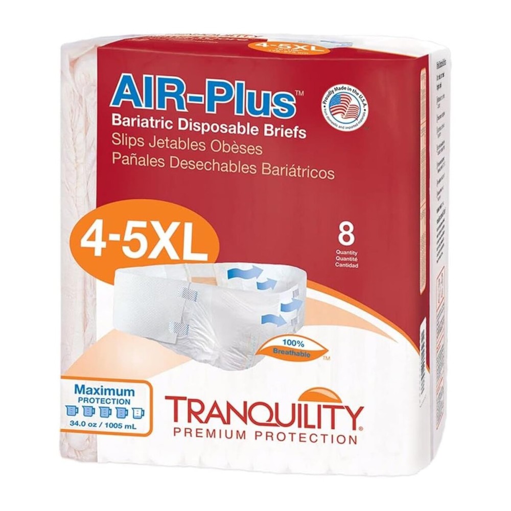 Tranquility Bariatric Disposable Briefs 4X-Large with AIR-Plus Fully Breathable Fabric for Skin Dryness & Integrity, Latex-Free, 34oz Capacity, 8ct Bag