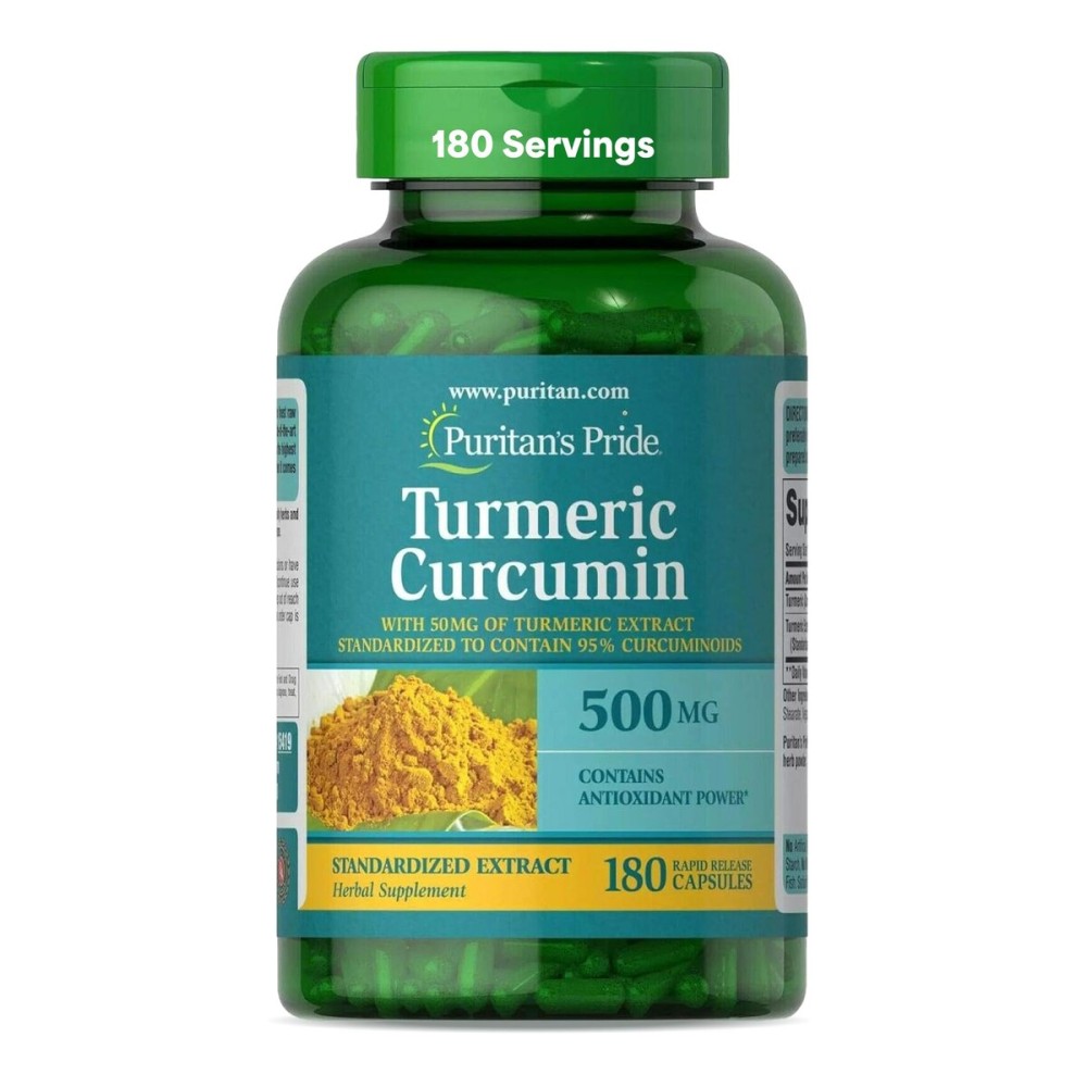 Puritan\'s Pride Turmeric Curcumin 500mg, Standarized to 95% Cucuminoids, Herbal Dietary Supplement for Antioxidant Health, 180 Radpid Release Capsules