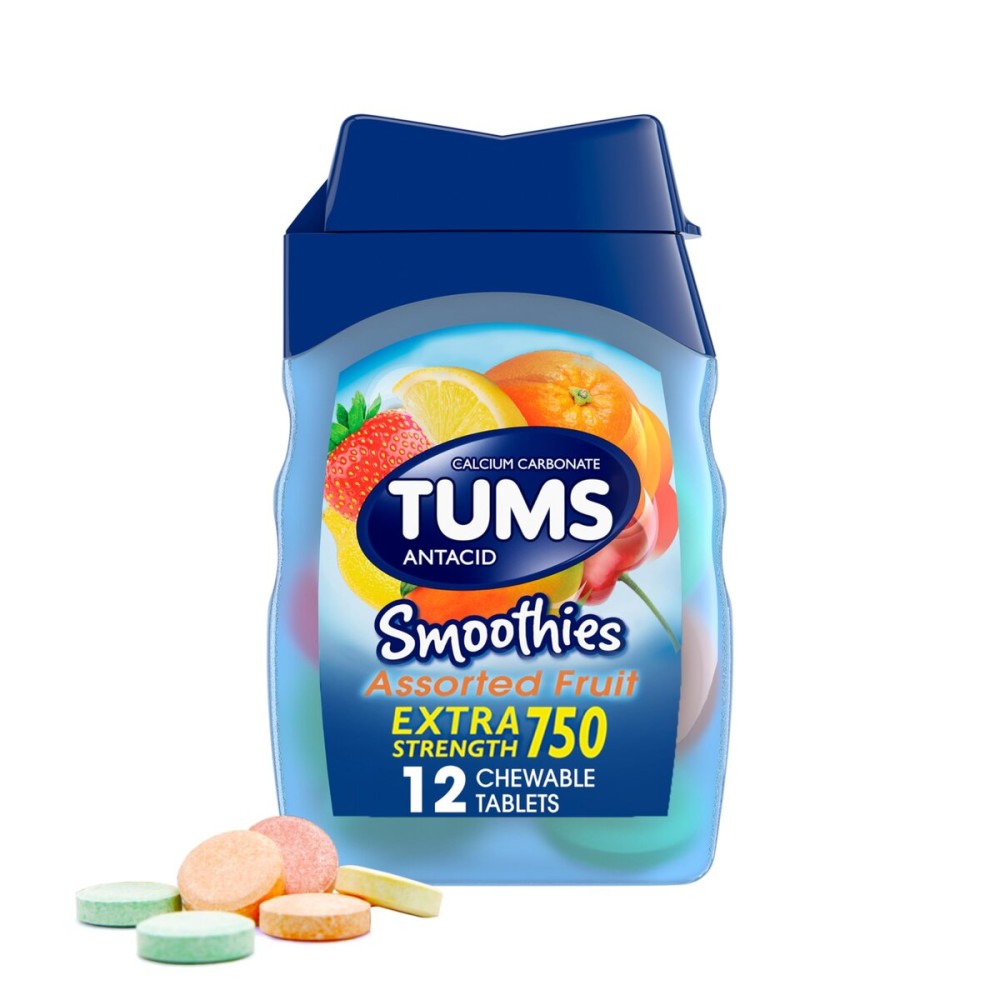 TUMS Smoothies Extra Strength Antacid Chewable Tablets for Heartburn Relief, Assorted Fruit - 12 Count
