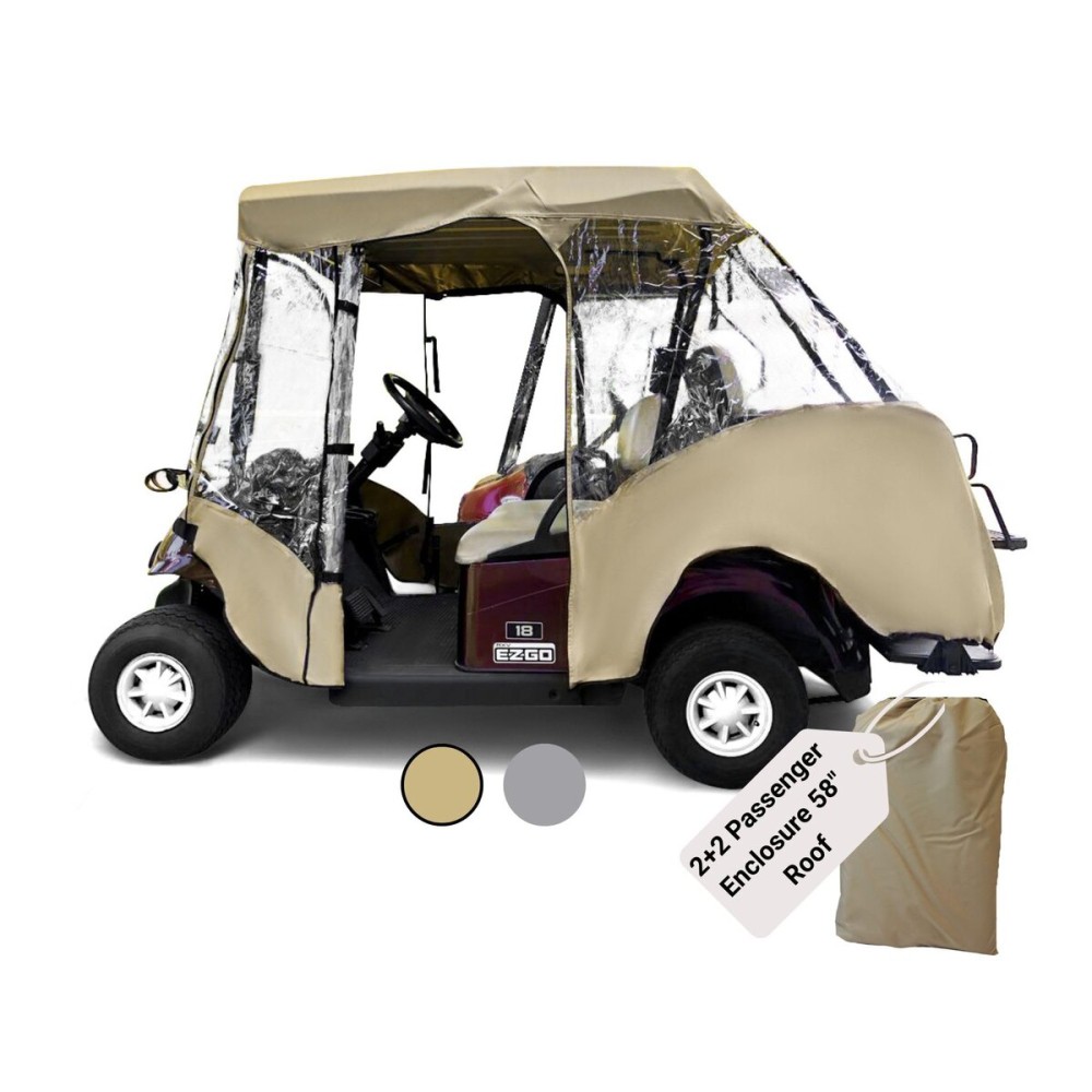 Formosa Covers 2+2 Golf Cart Drivable Enclosure - Durable YKK Door Zipper - 4 Passenger Golf Cart Rain Cover Short Roof 58 EZGO, Club Car 360 Clear Windows | Taupe