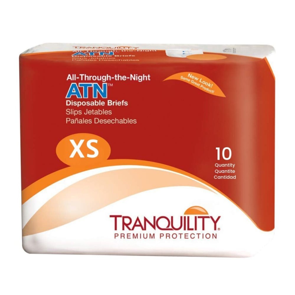 Tranquility Premium ATN Disposable Briefs with Tabs, Overnight Protection Superabsorbent Core for Leak-Free and Full-Fit Comfort, X-Small 10ct Bag