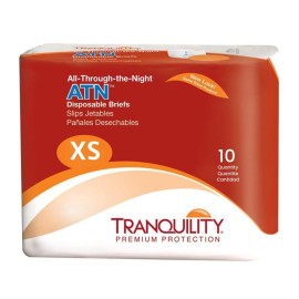 Tranquility Premium ATN Disposable Briefs with Tabs, Overnight Protection Superabsorbent Core for Leak-Free and Full-Fit Comfort, X-Small 10ct Bag