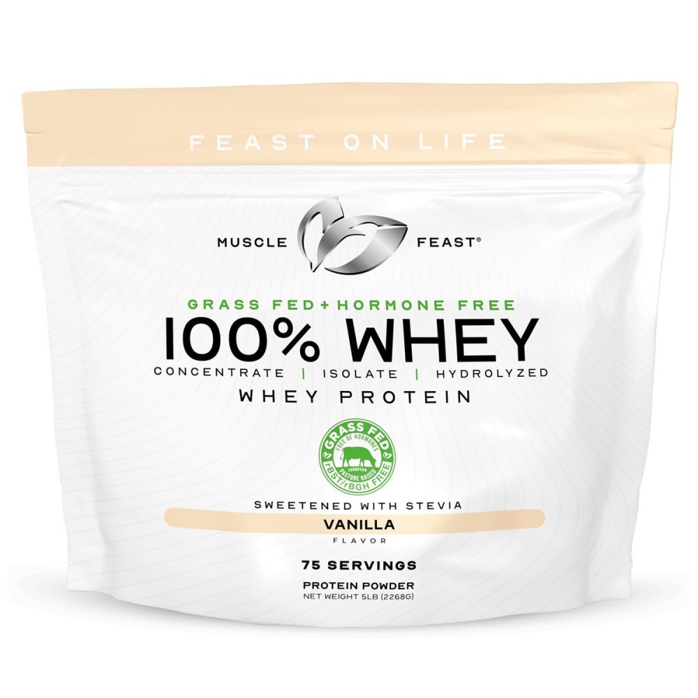 Muscle Feast 100% Grass Fed Whey Protein Powder, All Natural, Hormone Free Paure Raised Whey Protein Powder for Women & Men - Whey Concentrate, Isolate & Hydrolyzed Protein Powder Blend - Vanilla, 5lb