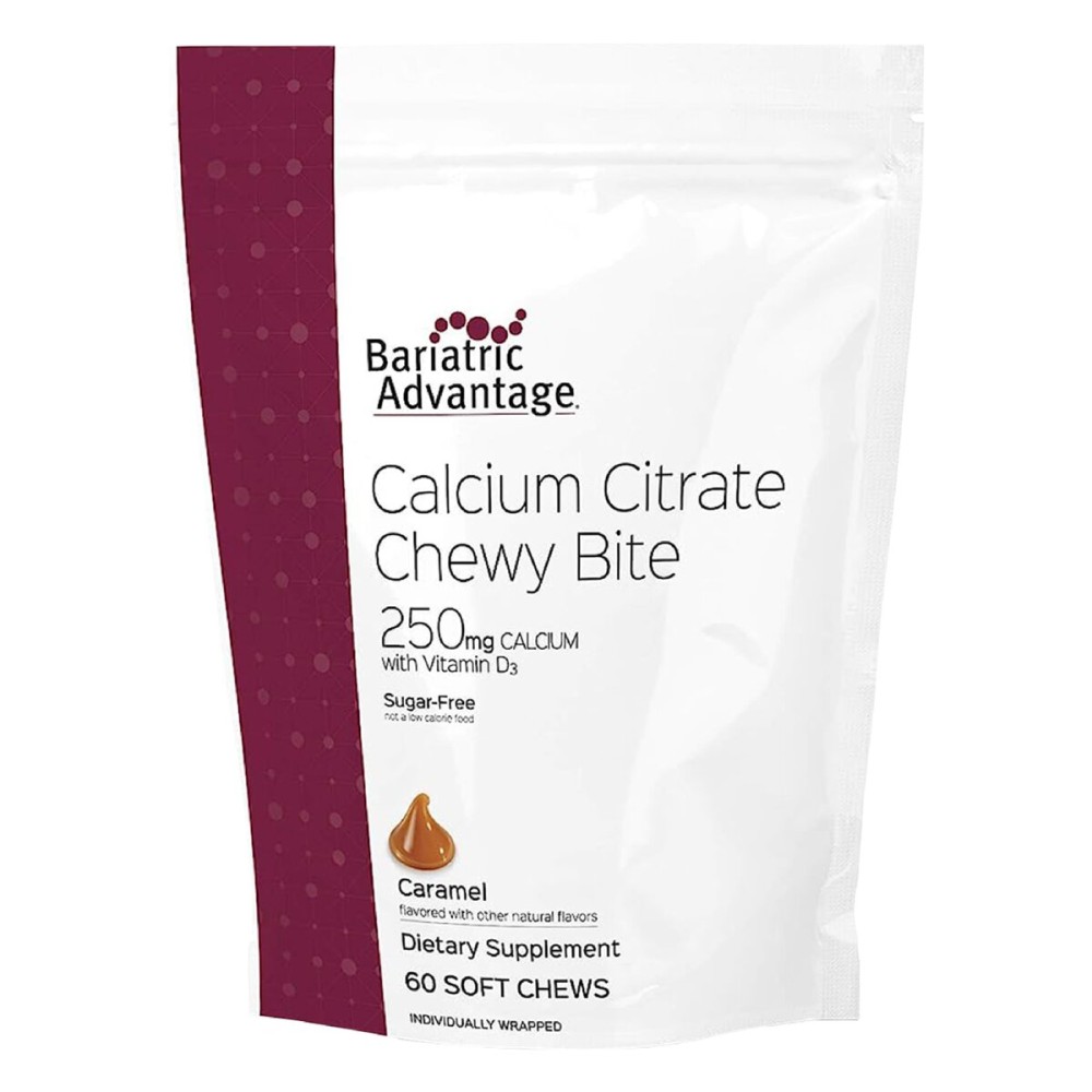 Bariatric Advantage Calcium Citrate Chewy Bites 250 mg with Vitamin D3 - Chewable Supplement for Bariatric Surgery Patients - Sugar-Free Calcium Chews - Caramel Flavor - 60 Count