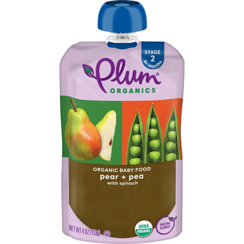 Plum Organics Stage 2 Organic Baby Food - Pear + Pea with Spinach - 4 oz Pouch - Organic Fruit and Vegetable Baby Food Pouch