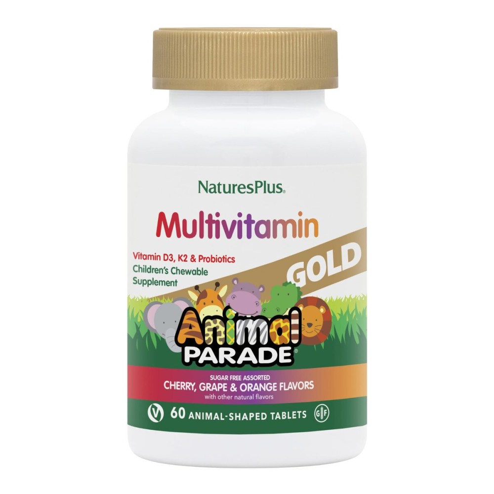 Natures Plus Animal Parade Source of Life Gold Children\'s Chewable Multivitamin - Assorted Cherry, Orange & Grape Flavors - 60 Chewable Tablets - Vegetarian, Gluten-Free - 30 Servings