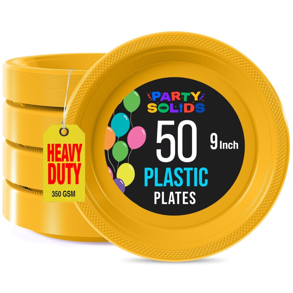 Exquisite Party Solids Yellow Plastic Plates For Party Supplies 9 Yellow Disposable Plates Heavy Duty 50 Pcs Plastic Dinnerware Sets Heavy Duty 350 GSM Disposable Dinnerware Set