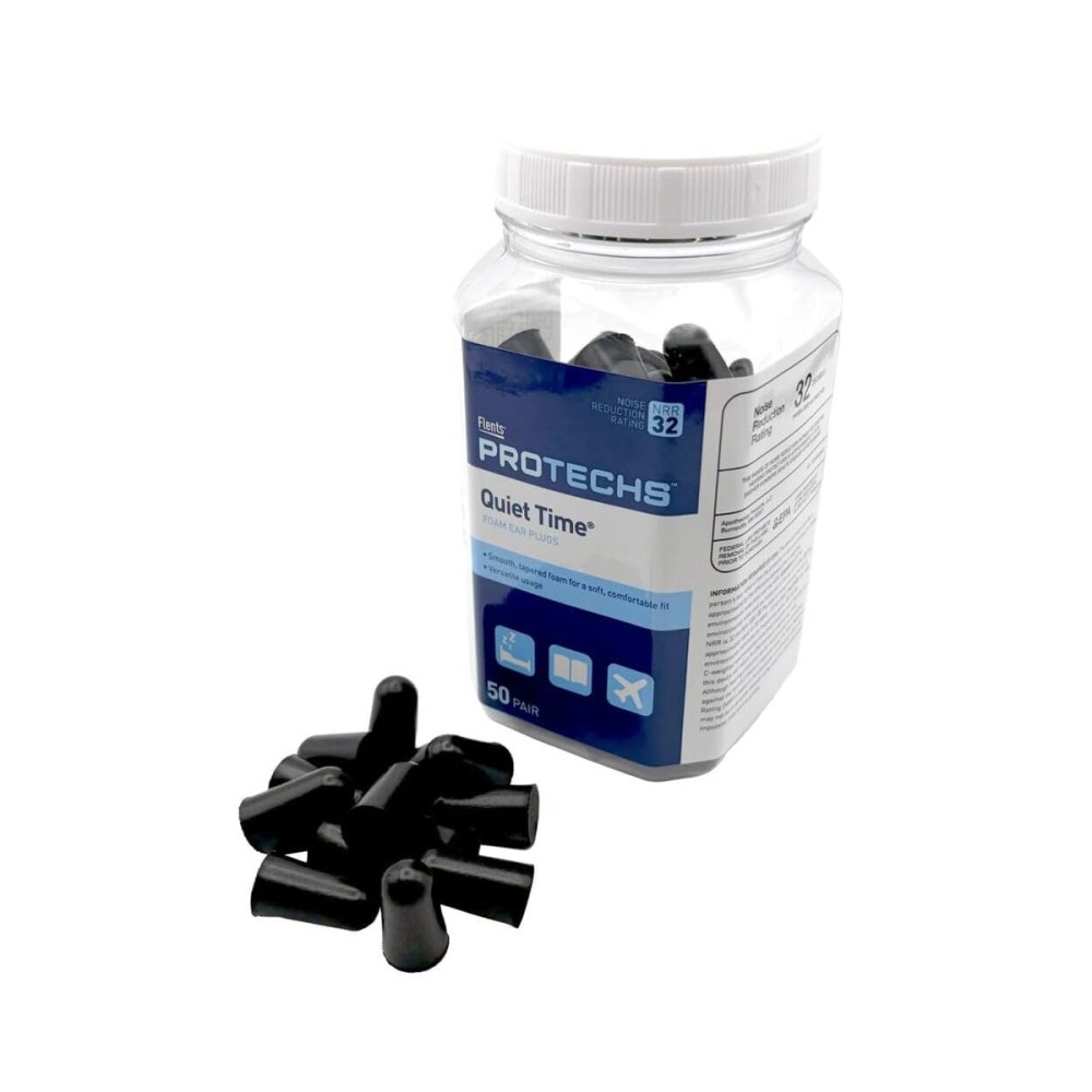 Flents Protechs Foam Ear Plugs for Sleeping, Snoring, Traveling, Concerts, Construction & Studying, Ultra Soft & Comfortable, Black, 50 Pairs, NRR 32 Hearing Protection for Loud Noise