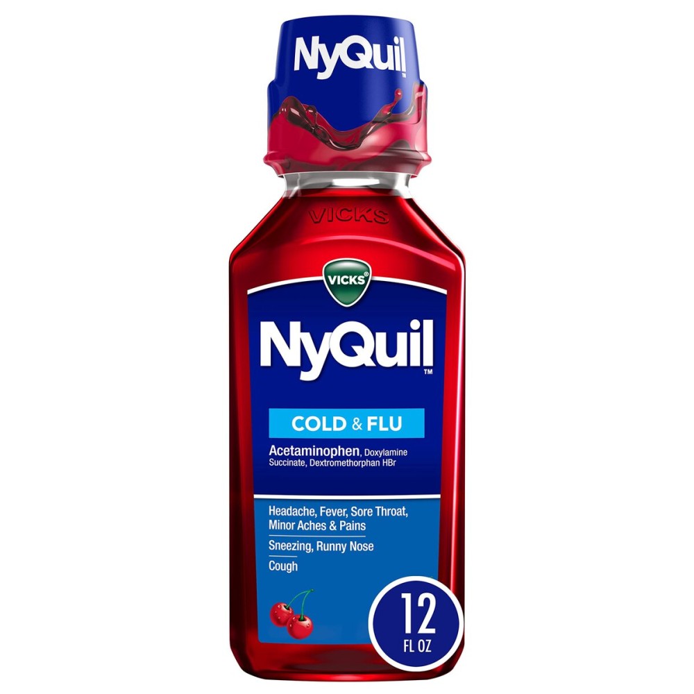 Vicks NyQuil Cherry Cold and Flu Relief Liquid Medicine, Nighttime Relief for Headache, Fever, Sore Throat, Minor Aches and Pains, Sneezing, Runny Nose, and Cough, Cherry Flavored, 12 FL OZ