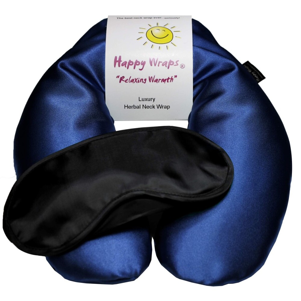 Happy Wraps Microwavable Herbal Neck Wrap - Hot Cold Aromatherapy Neck Warming Pillow - Heating Pad for Migraines, Stress, Gifts for Women, Birthdays, Christmas and Free Sleep Mask - Sapphire Satin