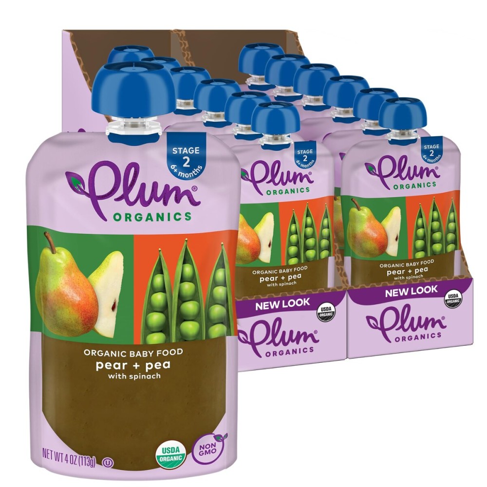 Plum Organics Stage 2 Organic Baby Food - Pear + Pea with Spinach - 4 oz Pouch (Pack of 12) - Organic Fruit and Vegetable Baby Food Pouch