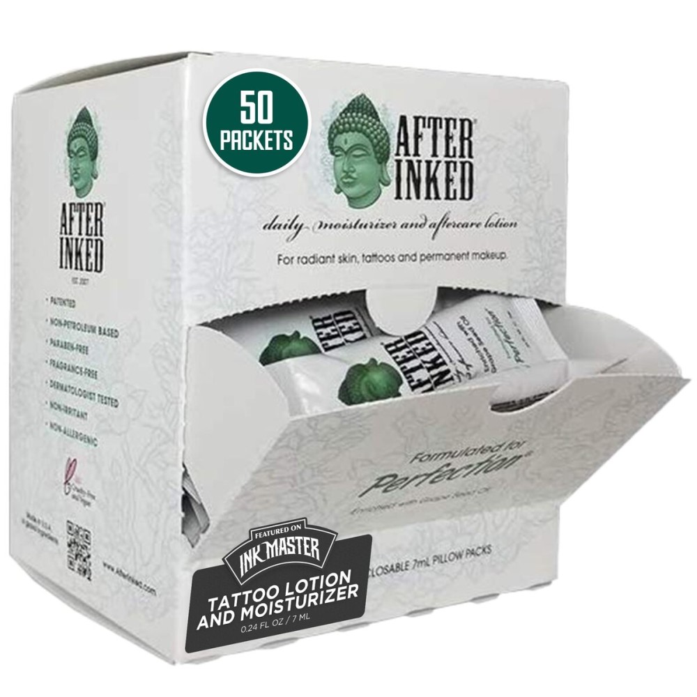 After Inked Tattoo Aftercare Lotion - Tattoo Moisturizing Balm, As Seen on INK MASTER - Hydrating Cream with Grape Seed Oil, Skin Nourishment & Daily Maintenance, Reclosable Pillow Pack (50-Pack), 7ml