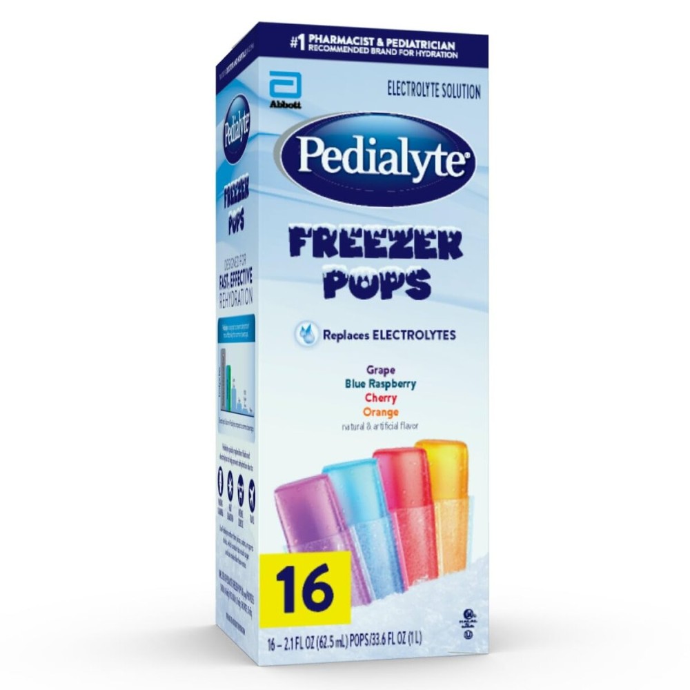 Pedialyte Electrolyte Solution Freezer Pops, Hydration Variety Pack- Grape, Blue Raspberry, Cherry, Orange, Pack of 16