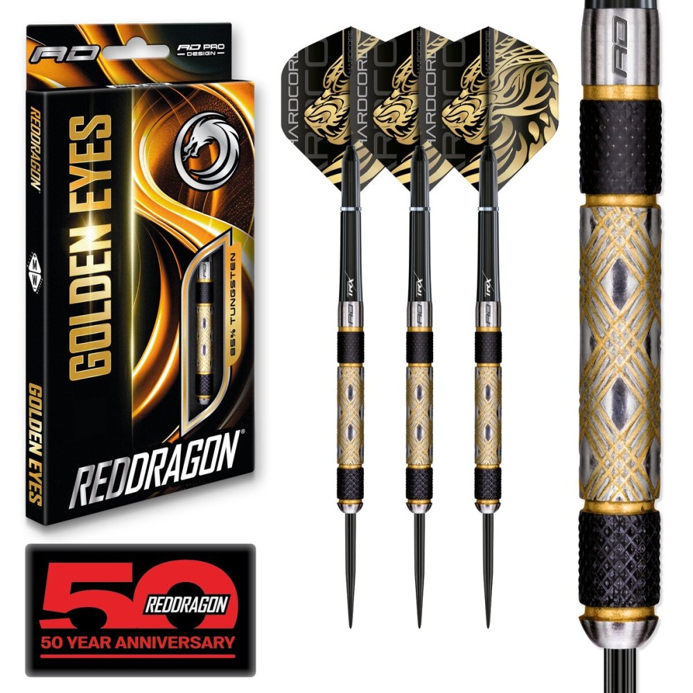 RED DRAGON Darts - Golden Eyes - 22g Professional 85% Tungsten Darts Set with Dart Flights and Dart Shafts (Stems)