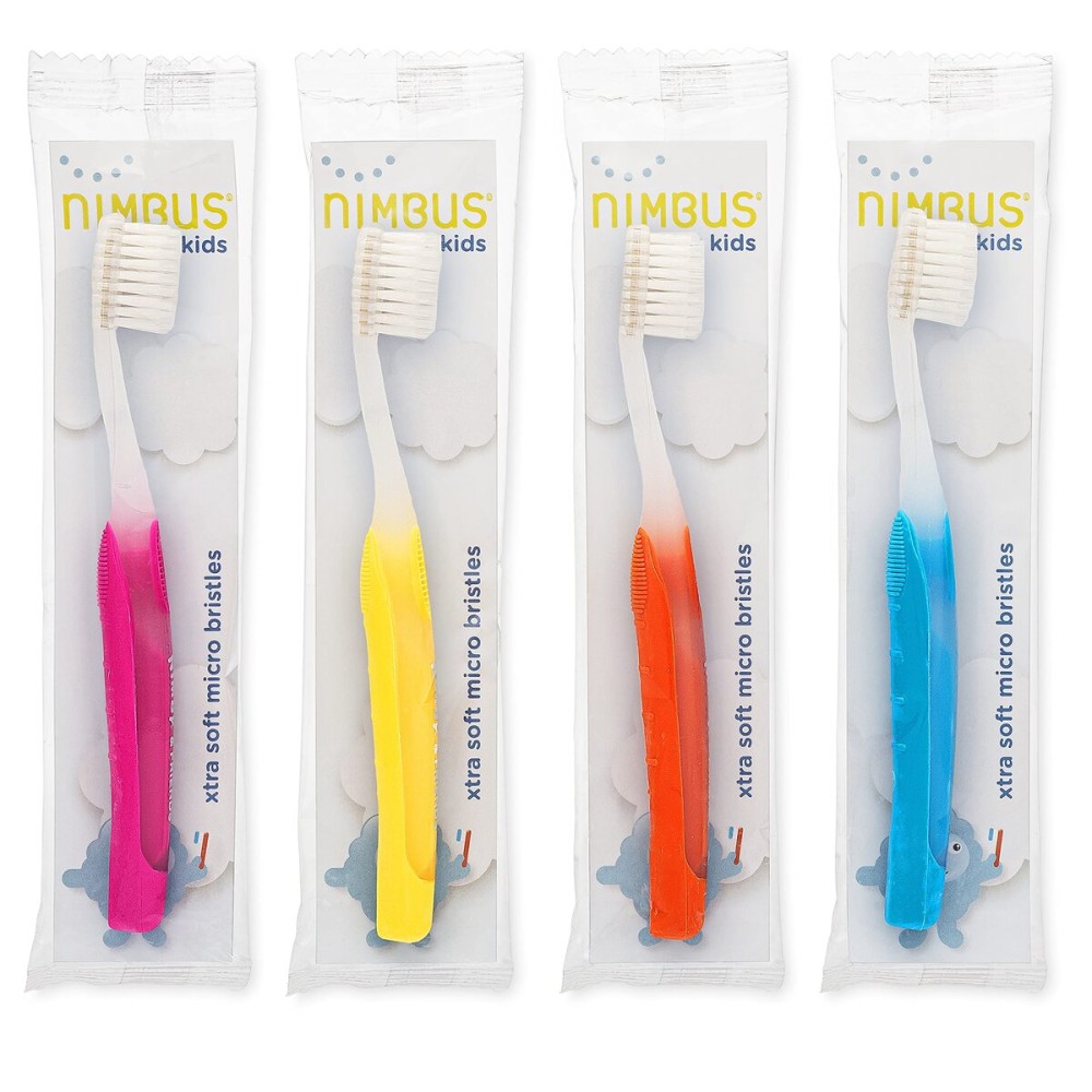 NIMBUS NIMBY Kid\'s Extra Soft Toothbrushes for Sensitive Teeth and Receding Gums, Periodontist Design Plaque Remover Travel Toothbrush, Individually Wrapped (4 Pack, Colors May Vary)