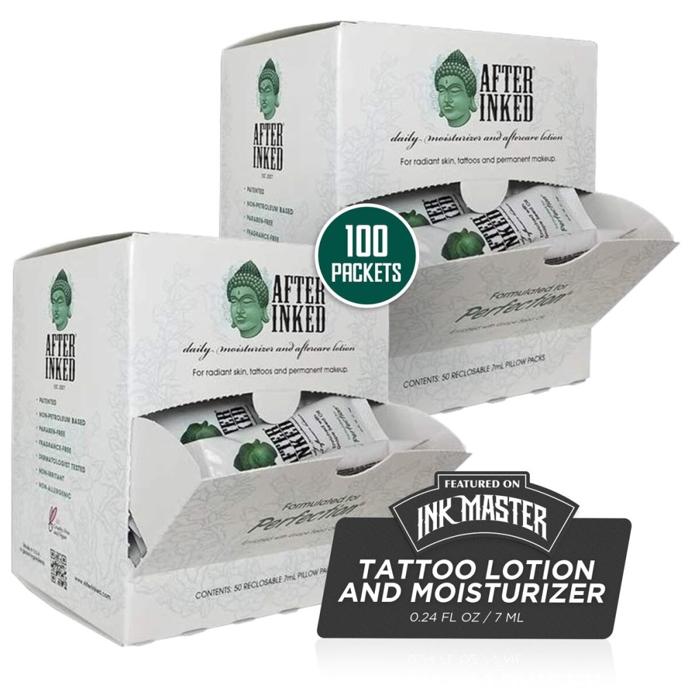 After Inked Tattoo Aftercare Lotion - Moisturizing Balm, As Seen on INK MASTER, Hydrating Cream with Grape Seed Oil, Skin Nourishment & Daily Maintenance, Reclosable Pillow Pack (100-Pack), 7ml