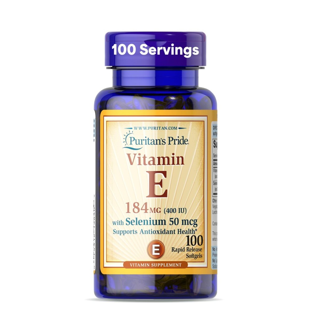 Puritan\'s Pride Vitamin E 184mg (400 IU) with Selenium 50mcg, Vitamin Supplement For Immune System and Antioxidant Health Support, 3 Month Supply, 100 Rapid Release Softgels