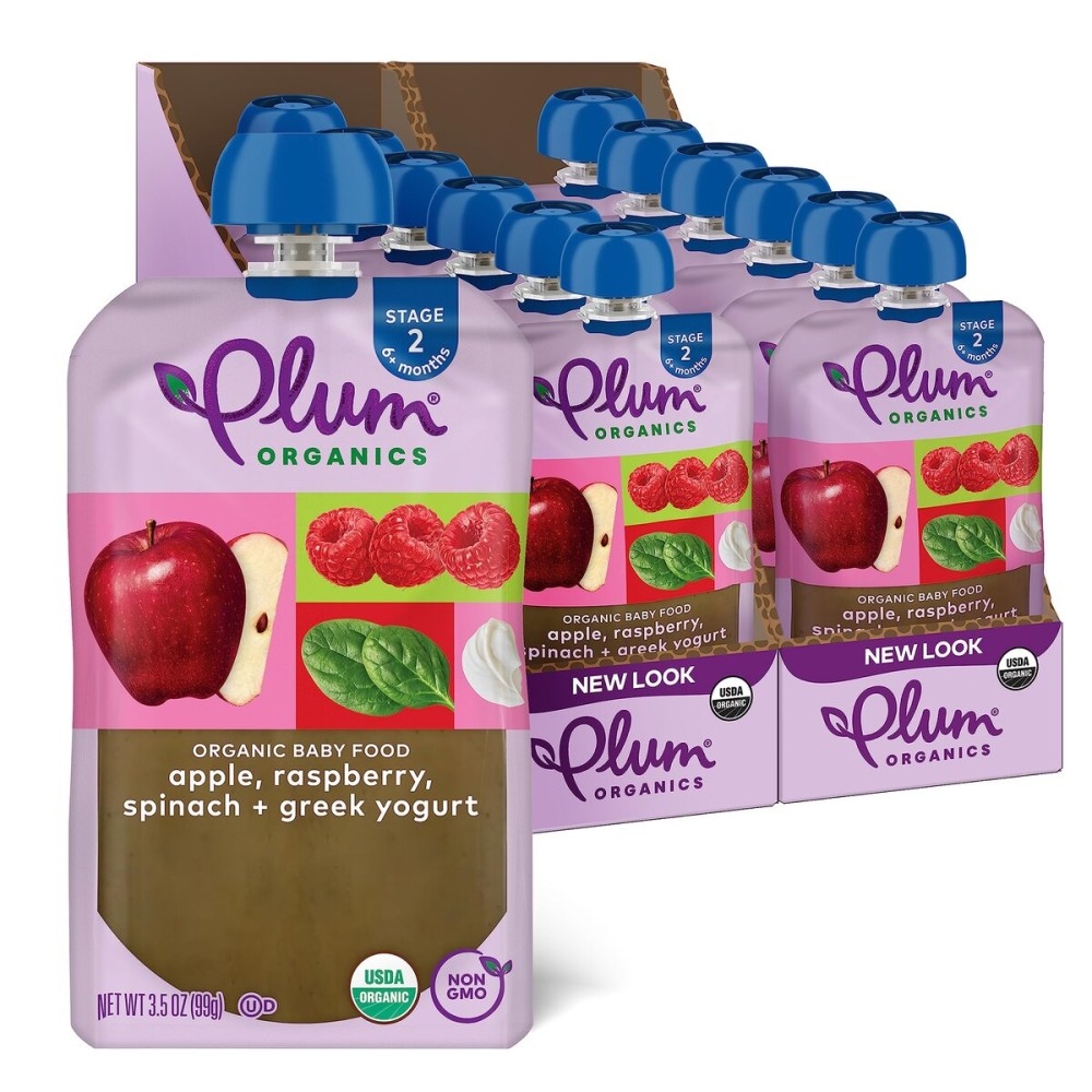 Plum Organics Stage 2 Organic Baby Food - Apple, Raspberry, Spinach, and Greek Yogurt - 3.5 oz Pouch (Pack of 12) - Organic Fruit and Vegetable Baby Food Pouch