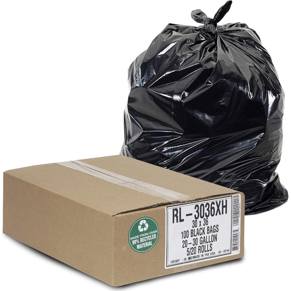 Aluf Plastics - RL-3036XH 20-30 Gallon Trash Can Liners (100 Count) - 30 x 36 - Thick 1.5 MIL Equivalent Black Trash Bags for Bathroom, Kitchen, Office, Industrial, Commercial, Recycling and More