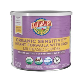 Earth\'s Best Organic Sensitivity Infant Formula, Babies 0-12 Months, Reduced Lactose, Iron, Omega-3 DHA, Omega-6 ARA, Organic Baby Formula, 21 Ounce Container