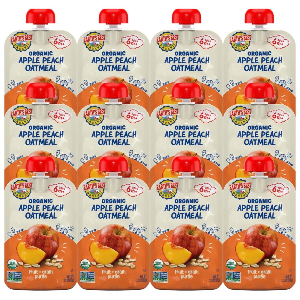 Earth\'s Best Organic Baby Food Pouches, Fruit and Grain Puree for Babies 6 Months and Older, Organic Apple Peach and Oatmeal Puree, 3.5 oz Resealable Pouch (Pack of 12)