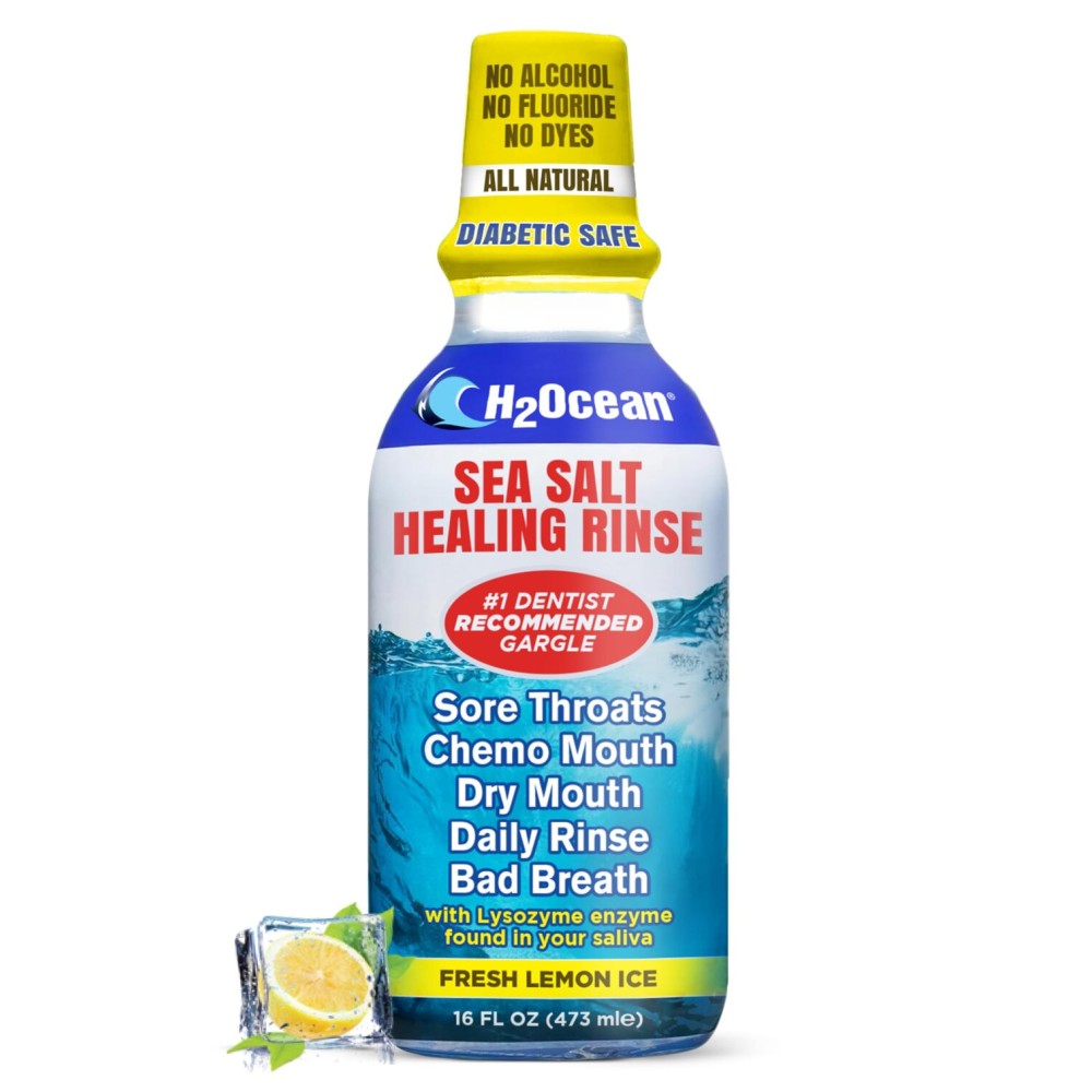 H2Ocean Healing Rinse Natural Sea Salt Mouthwash - Alcohol & Fluoride-Free Oral Care for Sore Throats, Wisdom Teeth Recovery & Gum Health - Mouth Rinse & Whitening Mouthwash, Lemon Ice, 16 oz