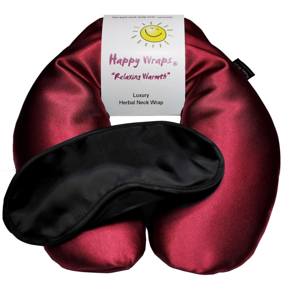Happy Wraps Microwavable Herbal Neck Wrap - Hot Cold Aromatherapy Neck Warming Pillow - Heating Pad for Migraines, Stress, Gifts for Women, Birthdays, Christmas and Free Sleep Mask - Ruby Satin