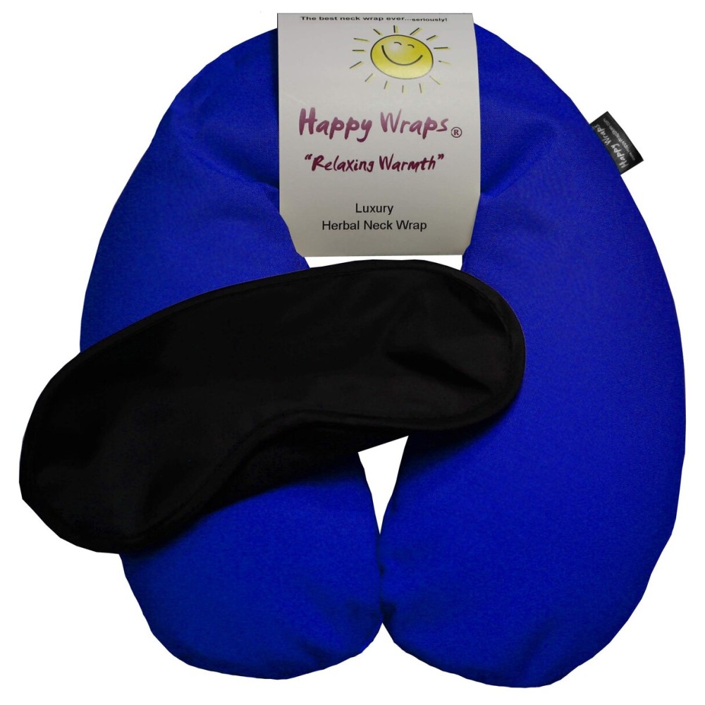 Happy Wraps Microwavable Herbal Neck Wrap - Hot Cold Aromatherapy Neck Warming Pillow - Heating Pad for Migraines, Stress, Gifts for Women, Birthdays, Christmas and Free Sleep Mask - Navy Cotton