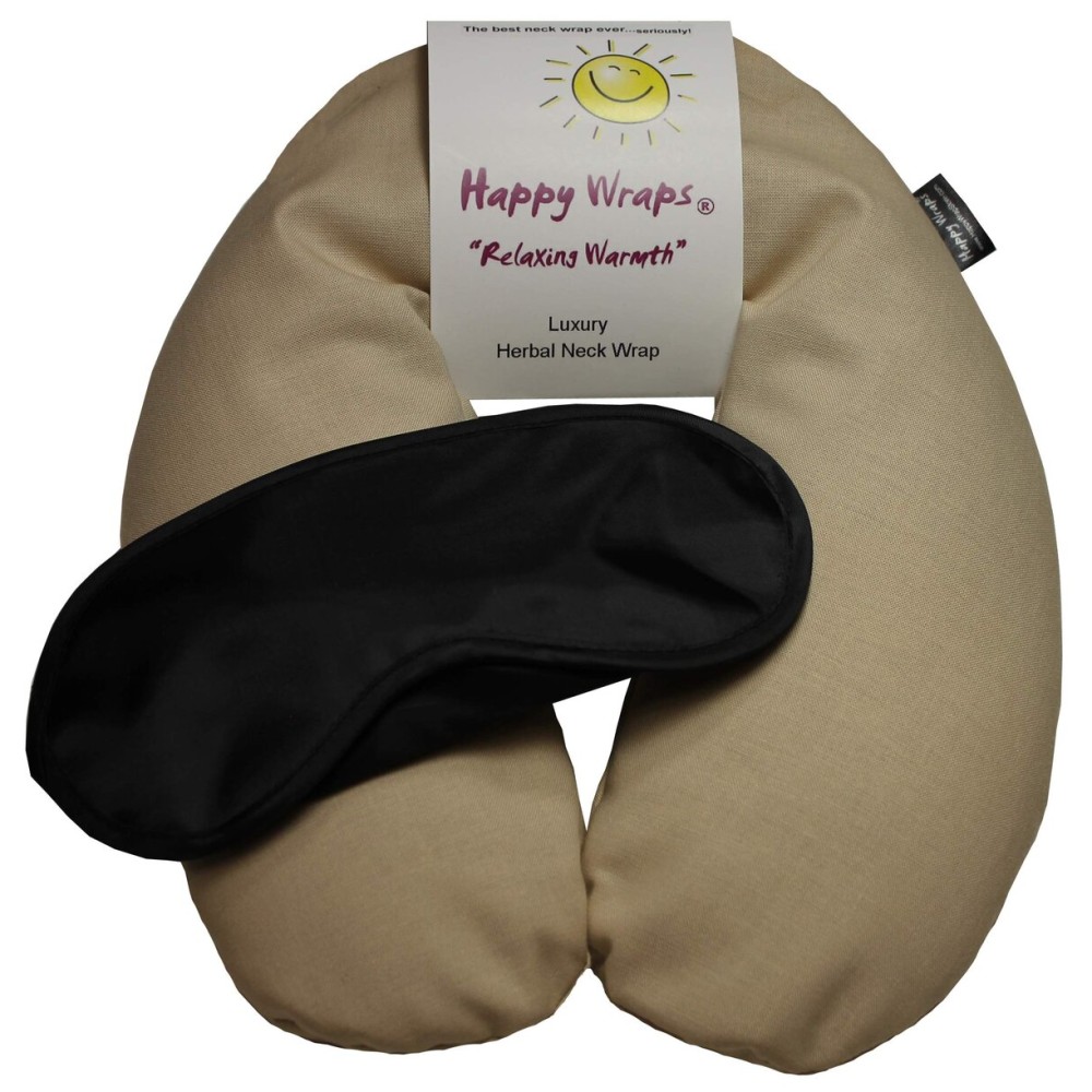 Happy Wraps Microwavable Herbal Neck Wrap - Hot Cold Aromatherapy Neck Warming Pillow - Heating Pad for Migraines, Stress, Gifts for Women, Birthdays, Christmas and Free Sleep Mask - Tan Cotton