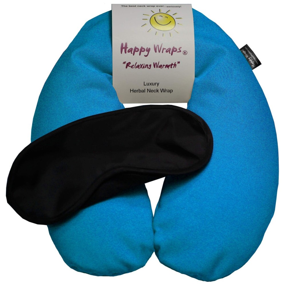 Happy Wraps Microwavable Herbal Neck Wrap - Hot Cold Aromatherapy Neck Warming Pillow - Heating Pad for Migraines, Stress, Gifts for Women, Birthdays, Christmas and Free Sleep Mask - Turquoise