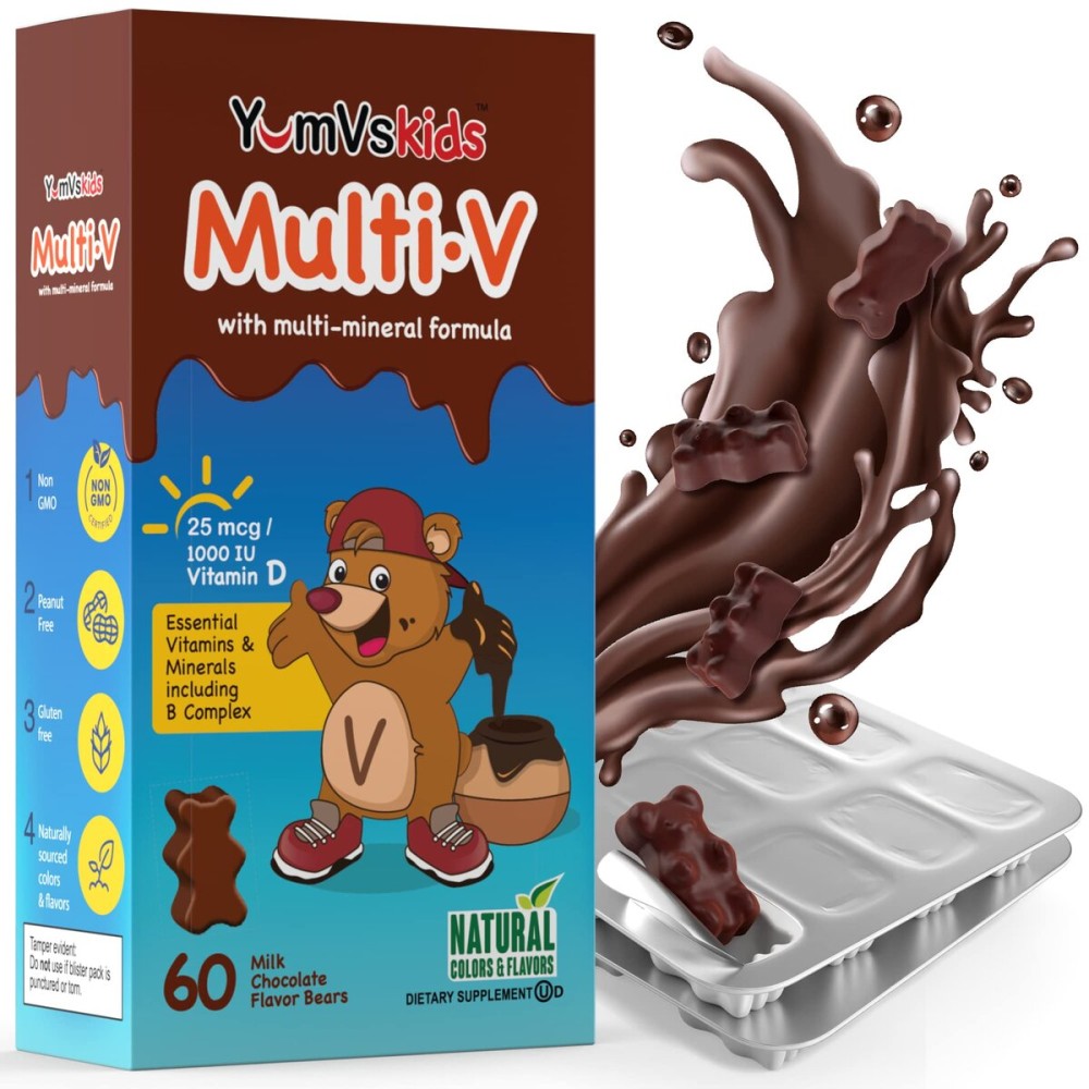 YUM-V\'S - Kids Multivitamin Chewable Chocolate Bears - Multivitamin for Kids Supplement - 16 Vitamins & Minerals - Vitamins Including D, Zinc, C, B Complex & More, 60 Count Pack of 1