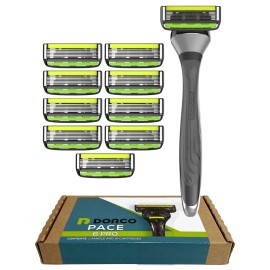 Dorco Pace 6 Pro - Six Blade Razor System with Trimmer - 10 Pack (1 Handle + 10 Cartridges)