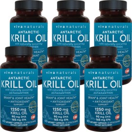 Viva Naturals Antarctic Krill Oil 1250 mg, Omega 3 EPA DHA and Astaxanthin, Joint Support and Brain Supplement with Antioxidant Properties, No Fishy Aftertaste (Pack of 6)